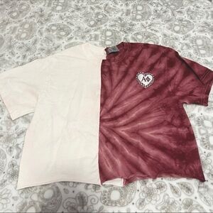 Burgundy & white Alpha Phi t-shirt with an Alpha Phi patch